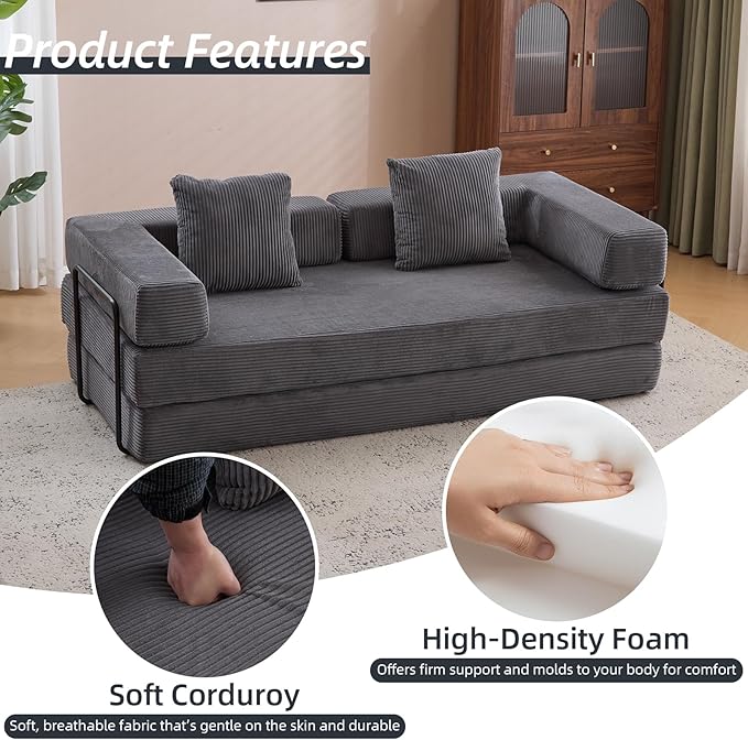 Folding Sofa Bed Convertible Sleeper Corduroy Floor Couch with Pillows Fold Out Couch King Size Bed Futon Couchs Foldable Memory Foam Mattress for Living Room Bedroom Playroom (Dark Grey)