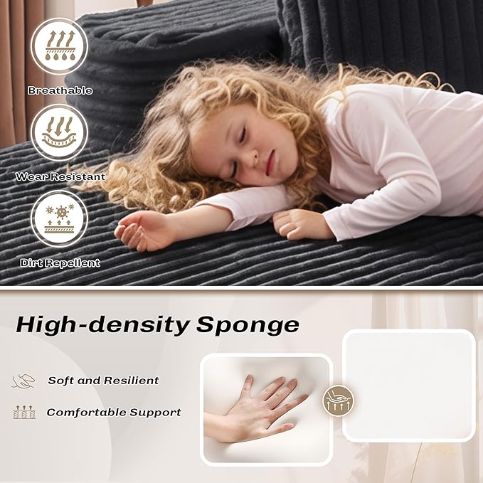 Modern Curved Boneless Sofa Couch L-Shaped Corner Sofa Corduroy Upholstered Cloud Sectional Couch for Living Room Bedroom and ApartmentNo Assembly Needed(Black Left Hand Facing)