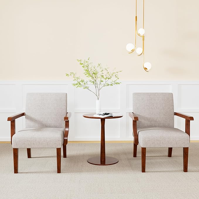 Fabric Accent Chair Set - Arm Chairs Set of 2 with Wood Side TableLiving Room Chairs with Soft Seat for Reading RoomBedroomWaiting RoomOffice(Beige)…