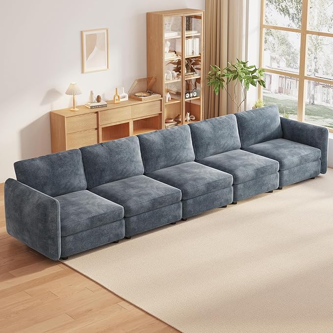Guyii 5 Seats Modern Straight Couch Modular Sectional Sofa 5 Seater Deep Seat Sofa for Living Room Bedroom Apartment Office Blue