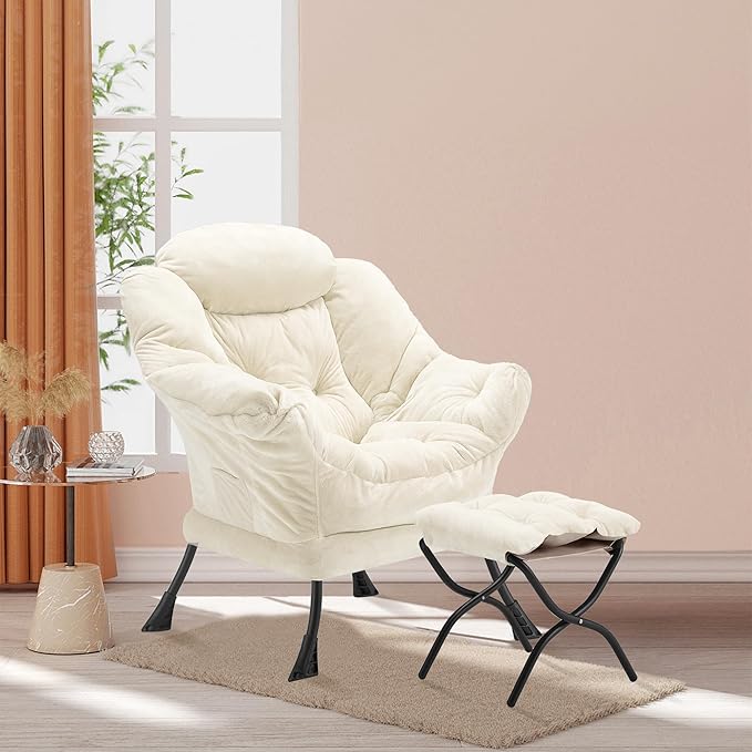 Lazy Chair with Folding Ottoman Accent Chair Plush Upholstered with Metal Structure and Non-Slip Pads Sofa Armchair with Footrest and Side Storage Bag for Dorm Room Office Beige