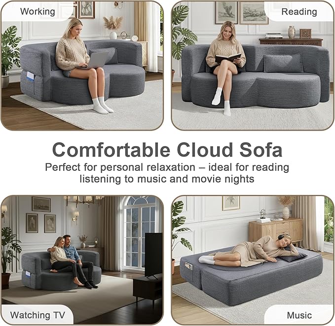 79 Inch Boneless Loveseat Sofa: 2-in-1 Convertible Teddy Velvet Cloud Double Sofa Minimalist Curved Cloud Sofa Bed for Living Room Apartment &amp Small Spaces (Gray)