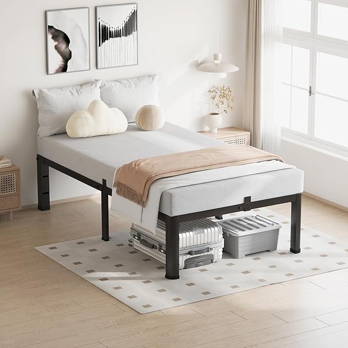 18 Inch Twin XL Bed Frame 3500Lbs Heavy Duty Metal Platform with Round Corner Legs Mattress Slide Stopper Steel Slat Support No Box Spring Needed Noise Free Non-Slip Easy Assembly