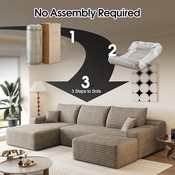 107 Comfy U-Shaped Sectional Modern Boneless Corduroy Couch with Chaise ‌and Ottoman‌ - No Assembly Required! Deep-Seat Upholstered Modular Cloud Sofa for Living Room Plush Corduroy Fabric(Camel)