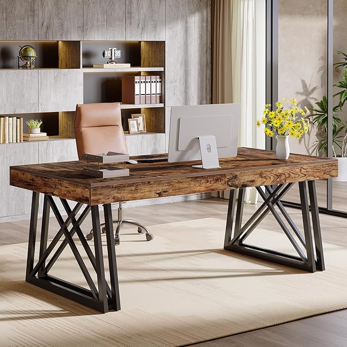Tribesigns 63-Inch Executive Desk Farmhouse Office Computer Desk with Sturdy X-Shaped Legs Large Writing Table Business Furniture Workstation for Home Office Study (Rustic Brown &amp Black)