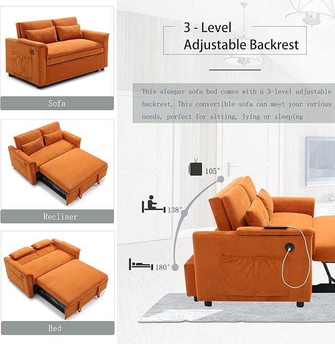 Livavege 55 Convertible Sofa Bed Velvet Pull Out Sleeper Sofa Couch Bed 3-in-1 Futon Loveseat with Adjustable Backrest USB Ports &amp 2 Side Pockets for Small Living Room Apartment Bedroom Ora