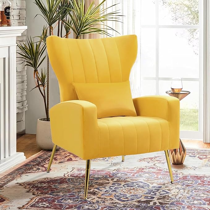 Modern Velvet Accent Chair with Arm &amp Wingback Living Room Bedroom Side Chair with Gold Metal Legs &amp Lumbar Pillow Channel Tufted Yellow