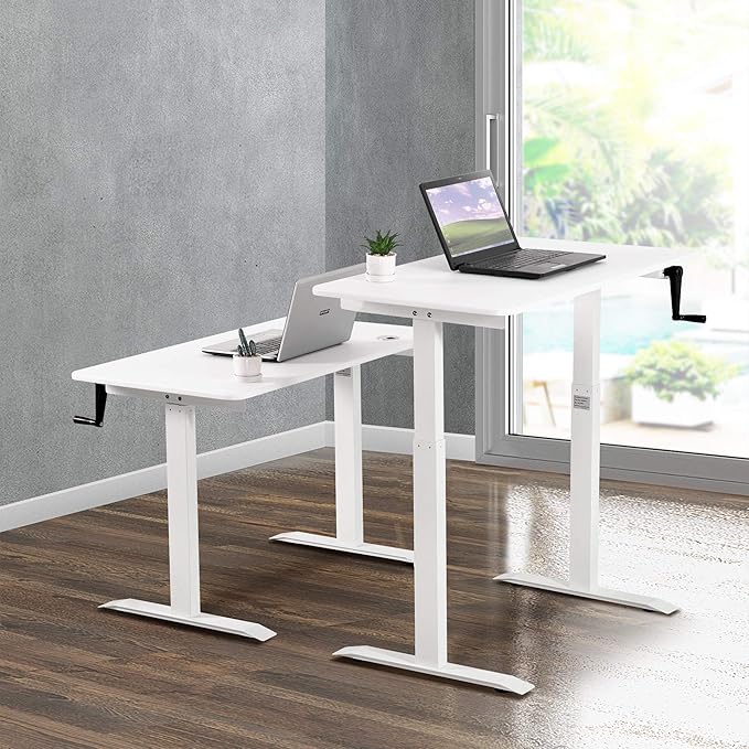 UNICOO Crank Adjustable Height Standing Desk Adjustable Sit to Stand-up Home Office Desk Computer Table Portable Writing Desk (White Top/White Frame - NTCSET-01-WW)