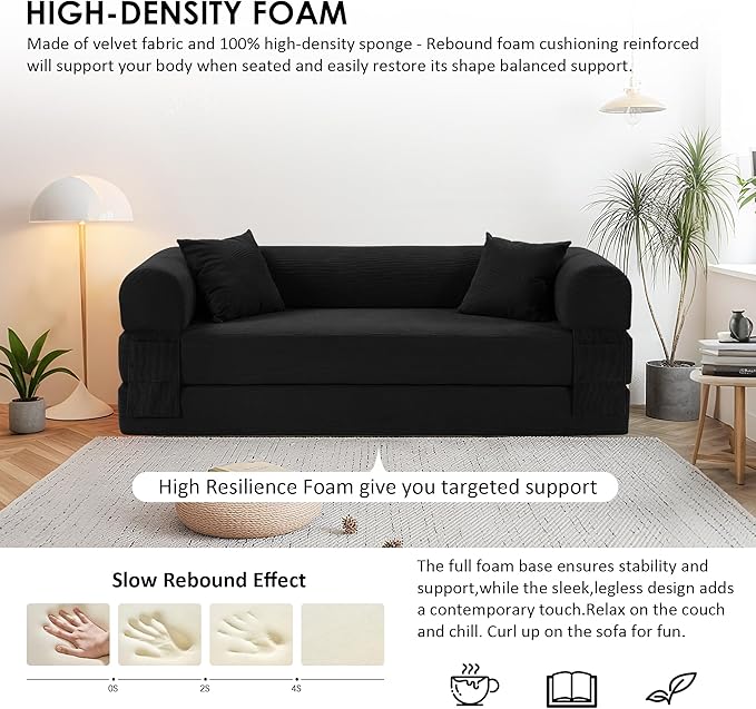 80 Convertible Sofa Bed 3-in-1 Corduroy Folding Pull Out Couch with Pillows No Assembly Modern Boneless Couch Compression Sofa in Box Floor Sofa with Side Storage for Living RoomBlack