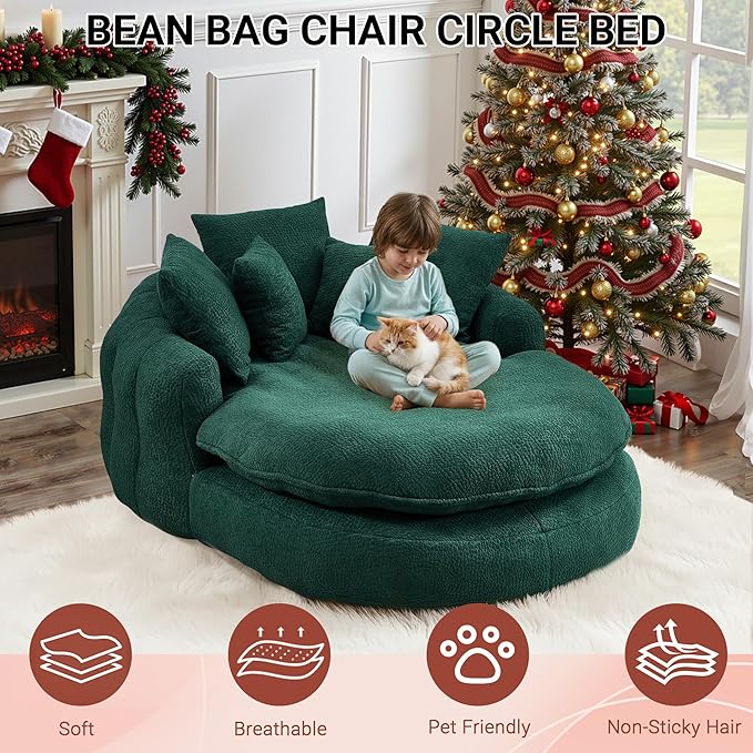 71 Oversized Round Chair Giant Bean Bag Couch Chairs for Adults Fluffy Chenille Boneless Couch Circle Bed with 5 Pillows Extra Deep Seat for Living Room Lounge No Assembly Required (Emerald)