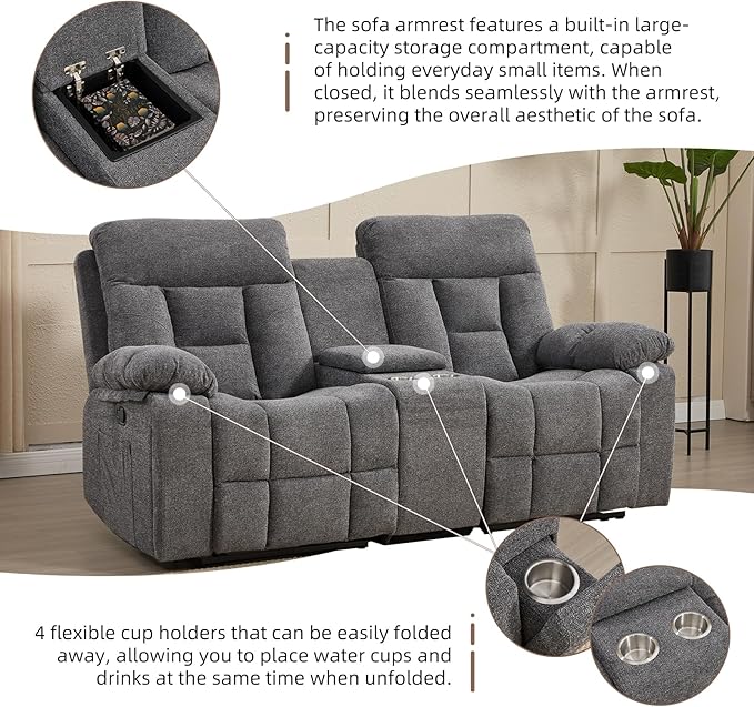 CANMOV Recliner Sofa Set Power Lift Recliner with Massage&ampHeat and Loveseat Set Reclining Sofa with Storage ConsoleHidden Cup Holders for Living Room Grey