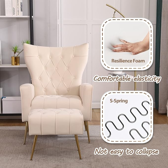 Accent Chair with Ottoman Comfy Chair and Ottoman Set Upholstered Tufted Lounge Chair with Wide Seat Footrest Reading Armchair for Living Room Bedroom BeigeVelvet