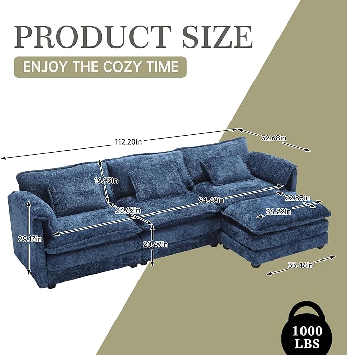 Modular Sectional Sofa Cloud Couch 112 L-Shape Sofa Chenille Comfy Upholstered with Removeable Ottoman and 3 Pillows for Living Room Navy