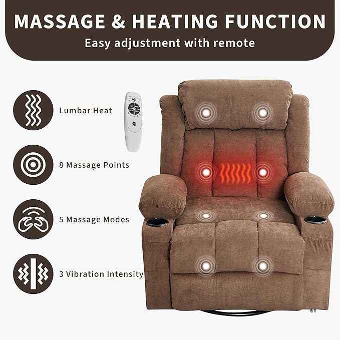 GAOMON Rocker Swivel Recliner Chair with Heat Massage Large Wide Lazy Boy Single Sofa Seat with 3 Positions 2 Side Pockets Cup Holders USB Ports Remote Control