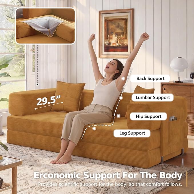 MoonSpeak 78.8''Sleeper Couch Bed for LivingroomConvertible Modular Sofa with Armrest PillowModular Foldable Corduroy Couches in a BoxNo Assembly (Yellow)