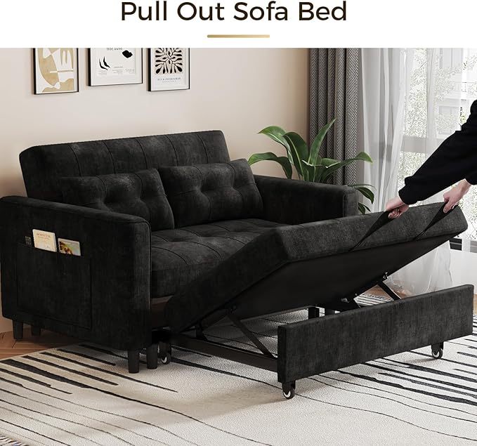 KKL 3 in 1 Convertible Sleeper Sofa Bed Pull Out Couch Bed with Adjustable Backrest Chenille Loveseat Couches with Side Pocket for Living Room Bedroom (Black)