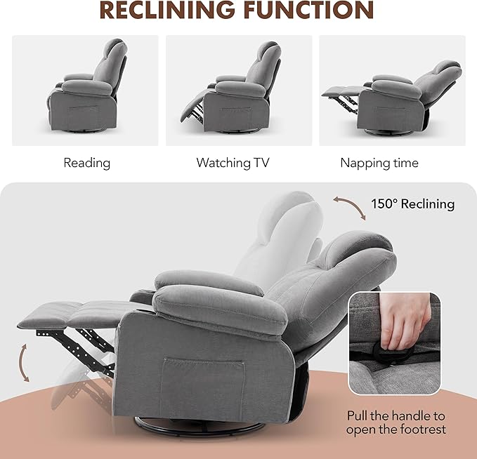 Swivel Rocker Recliner Chair with Heat and Massage Big Oversized Rocking Single Sofa for Living Room 360 Degree Swivel Recliner Chair with Cup Holders and USB Port (Fabric Grey)