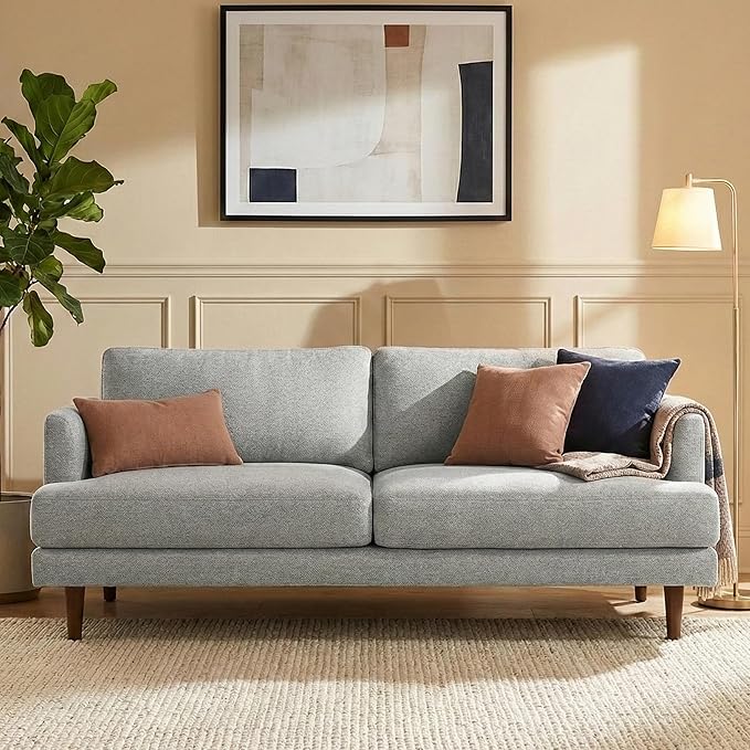 SIMPLIHOME Livingston 90-inch Wide Sofa in Mist Grey Woven-Blend Fabric Handcrafted Mid-Century Modern Oversized 3-Seater Couch Sofa for Living Room or Family Room Solid Wood Frame