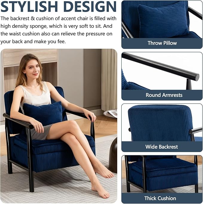 Blue Accent Chair with Storage 24 W Mid Century Modern Chair with Cushion Upholstered Corduroy Reading Chair with Wooden Legs Comfy Arm Chairs for Living Room Bedroom (Blue)