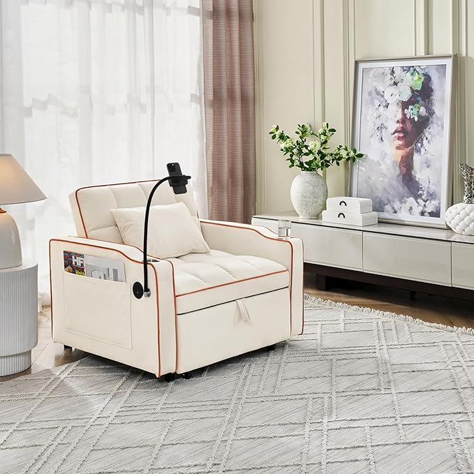 3 in 1 Convertible Sleeper Chair Bed with USB Ports Cup Holder and Phone Stand Velvet Pull Out Futon Sofa Beds Adjustable Backrest Single Sofa Chair for Small Spaces Living Room Office (Beige)