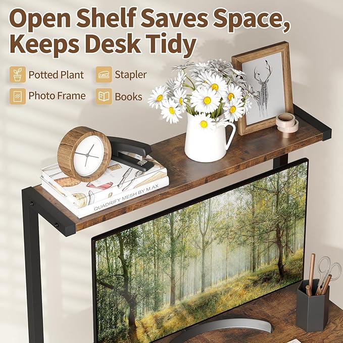 ALISENED 2 Tiers Small Computer Desk for Small Space Compact Laptop Table Workstation with Keyboard Tray. Study PC Table for Home Office Rustic Brown