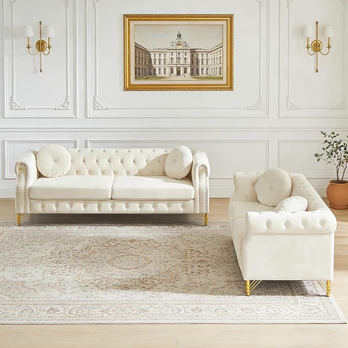 2 Pieces Chesterfield Sofa Set 2 &amp 3 Seater Comfy Tufted Velvet Couch with Rolled Arms &amp Pillows Mid Century Modern Couch and Loveseat Sets Retro Gold Couches Living Room Furniture (Beige)