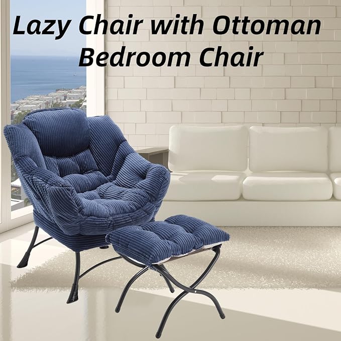 Modern Lazy Chair with Ergonomic Ottoman Comfortable Lounge Chair with Footrest for Space Saving Comfy Reading Armchair for Living Room Bedroom Office Navy