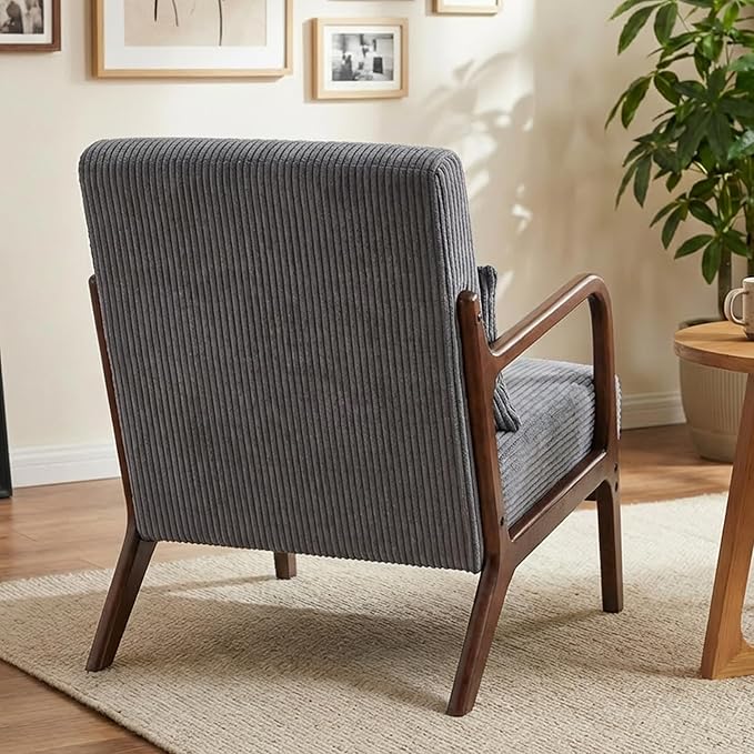 Mid Century Modern Accent Chair Upholstered Corduroy Armchair with Lumbar Pillow Solid Rubberwood Frame for Living Room Bedroom Waiting RoomDark Grey