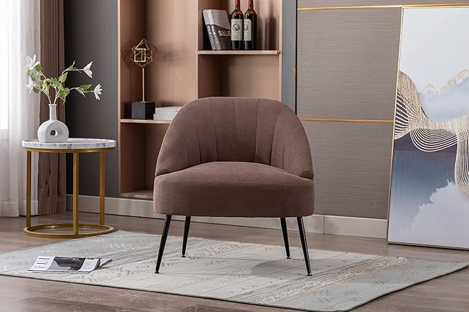 Cotton Linen Fabric Accent Chair with Black Metal Legs for Living RoomCoffee Brown