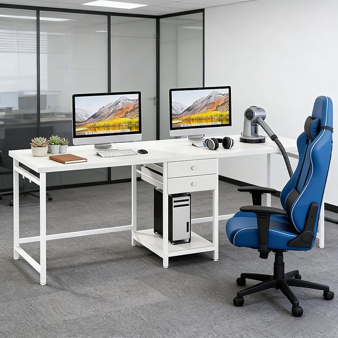 78 Inch White Two Person Office Desk with Drawers Extra Long Double Computer Desk with Storage Modern Writing Study Table Workstation for Home Office