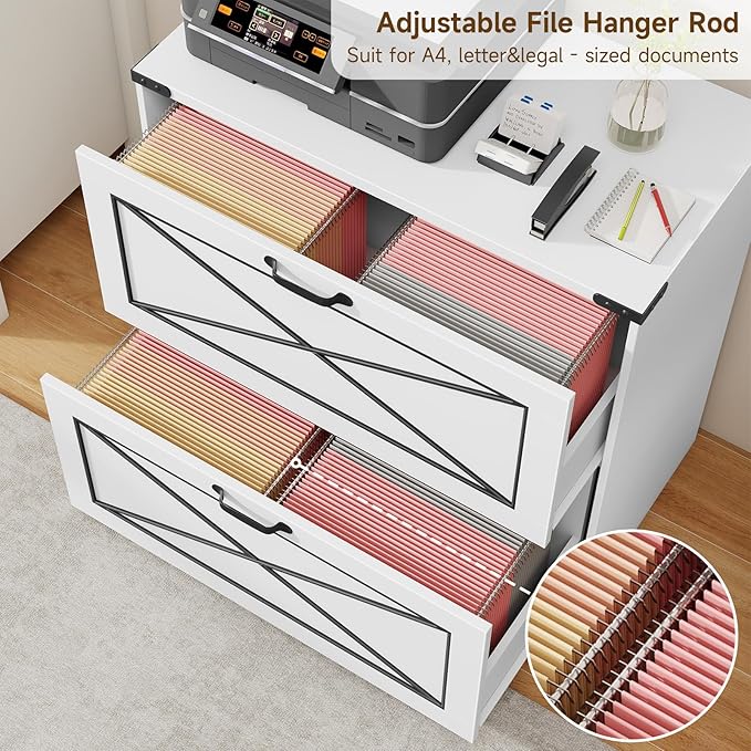 Vabches Lateral File Cabinet with 2 Drawers Farmhouse Filing Cabinet Office File Cabinet with File Drawers Wood Rustic Storage Cabinet File Organizer for Home Office Living Room White