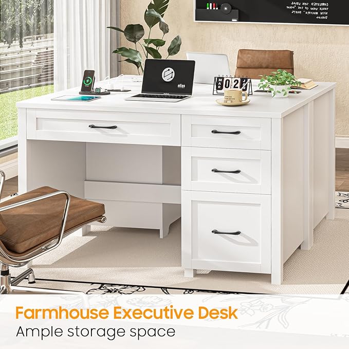 Farmhouse 47 Executive Desk Computer Desk with File Drawer and Charging Station Workstation for Home Office Study.（Cream White