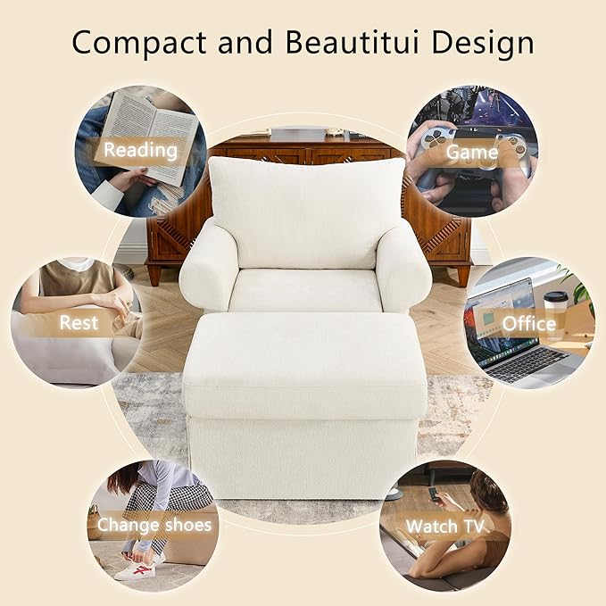 35.82 Accent Chair with Ottoman SetUpholstered Living Room Chairs for Reading Chair with Chaise Lounge Chairs Indoor Comfortable Armchair for Bedroom (Beige 35.82)