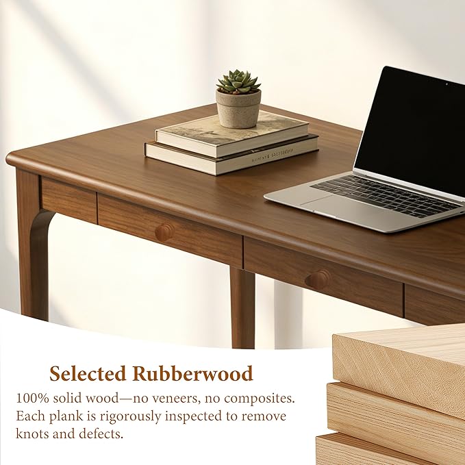 Natural Solid Wood Desk with Drawers Mid Century Modern Real Wood Writing Desk Home Computer Office Desks for Work Standing Desk for Bedroom Small Spaces (Walnut Color 47.24×22.05(120×56cm))