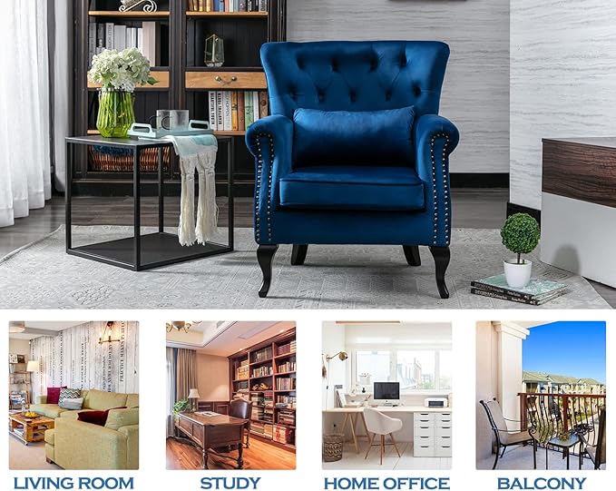 Kmax Velvet Tufted Accent Chair Mid Century Throne Chair Comfy Sofa Chair Padded Seating WingBack Unique Wood Legs Home Club Bedroom Living Room Blue