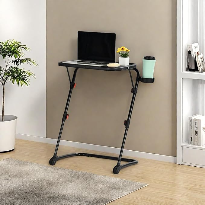 Homy Casa Adjustable Z Shaped Study Desk with Cup Holder Space Saving Portable Laptop Foldable Table for Home Office Living Room &amp Bedroom Sturdy Metal Frame &amp PP Top Black 4PCS