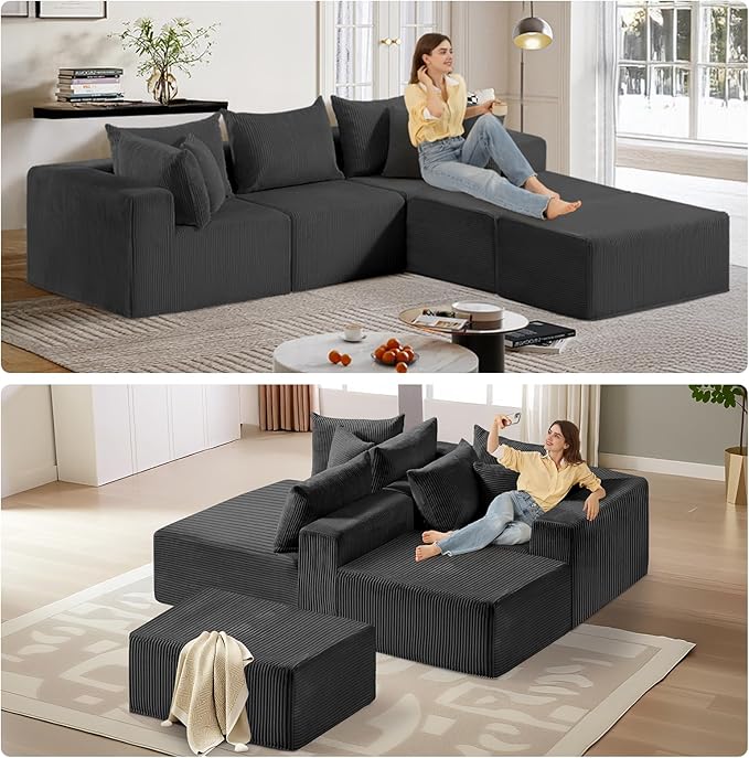 104 Cloud Couch Sectional U Shaped Boneless Couches for Living Room Corduroy Modern Modular Sectional Sofa No Assembly Required (Grey U-Shaped)