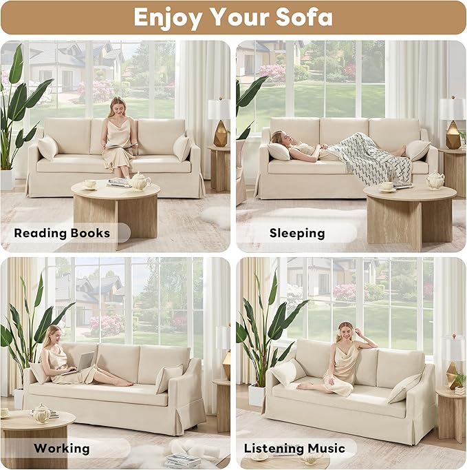 Tbfit 80.7 Slipcovered Couch 3 Seater Sofa Vintage Sofas with Removable Cover Pocket Spring Cushion Mini Couches Living Room Furniture for Home Apartment Farmhouse Beige