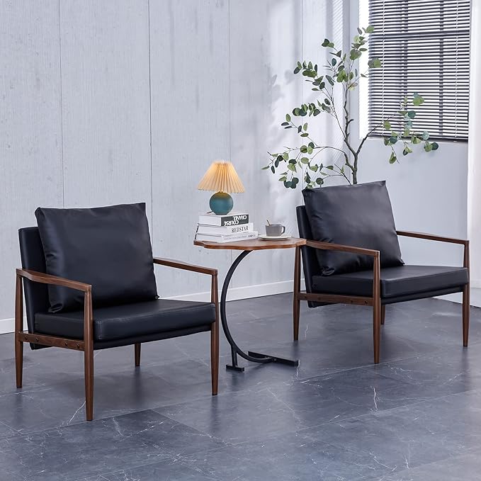 Sofa Chair.Black PU Leather Accent Arm Chair Mid Century Modern Upholstered Armchair with Imitation Solid Wood Color Metal Frame Padded Backrest and Seat Cushion Sofa Chairs for Living Room
