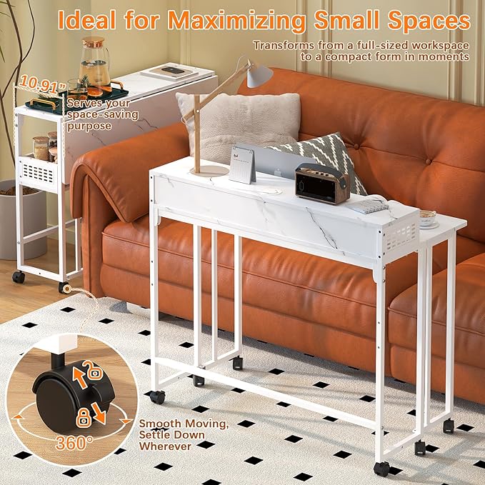 Gezen Folding Desk With Storage Shelf Small Rolling With Wheels Mobile Couch Sofa Side Table Bed for Home Office Small Space White Marble 39.4
