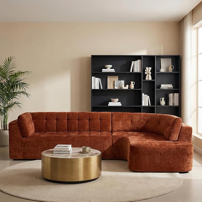119'' Sectional Sofa Curved L-Style Right-Hand Facing Couch with Fully Upholstered Arms Tufted Design Modern Minimalist Look Dark Orange