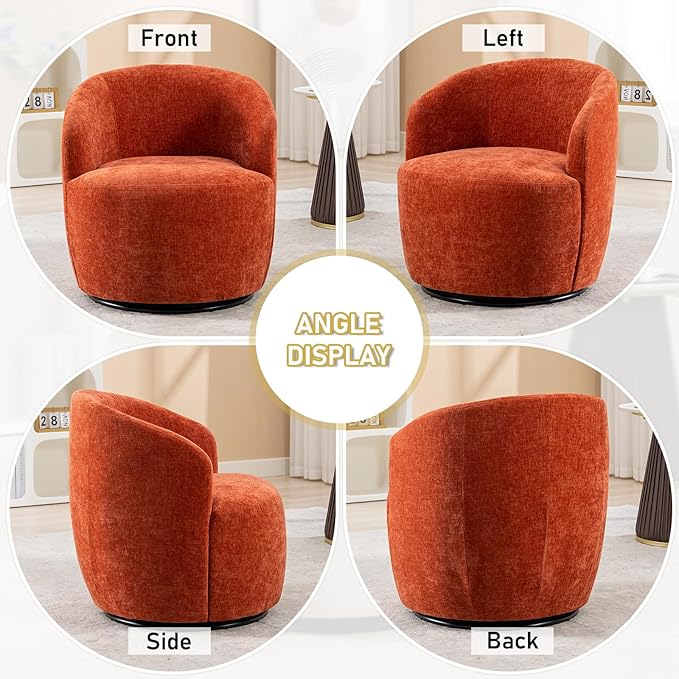 Modern Orange Chenille Swivel Accent Chair 360 Degree Round Bucket Chair Comfortable Arm Chair for Living Room Bedroom Nursery