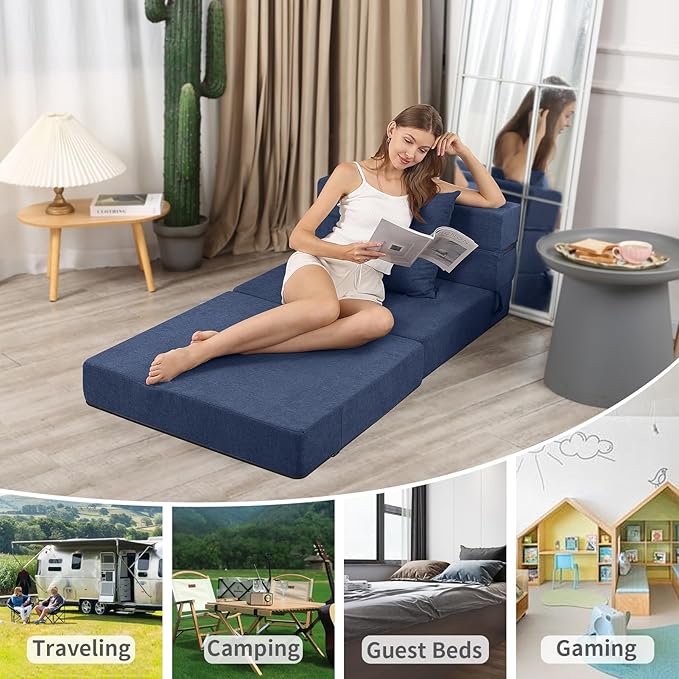 Folding Sofa Bed High-Density Memory Foam Sofa with a Fluffy Pillow Floor Couch Guest Bed Single Size Navy