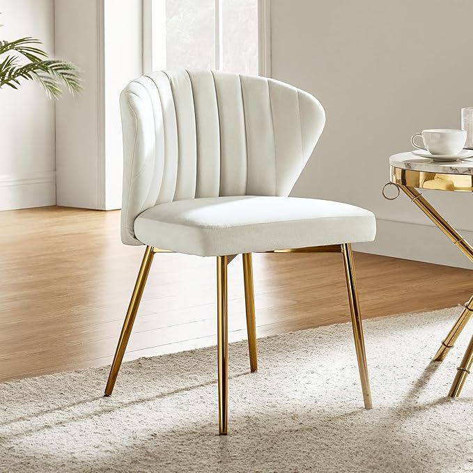 HULALA HOME Velvet Dining Chair Modern Small Vanity Chair with Back Metal Legs Elegant Tufted Armless Accent Chair Living Room Bedroom Beauty Room-Ivory