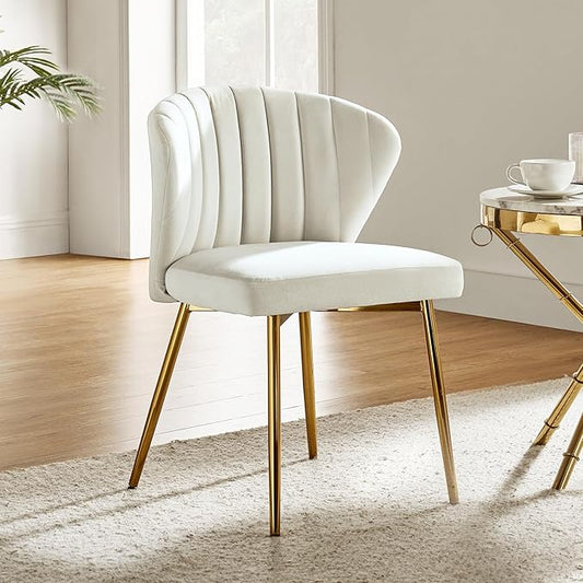 HULALA HOME Velvet Dining Chair Modern Small Vanity Chair with Back Metal Legs Elegant Tufted Armless Accent Chair Living Room Bedroom Beauty Room-Ivory