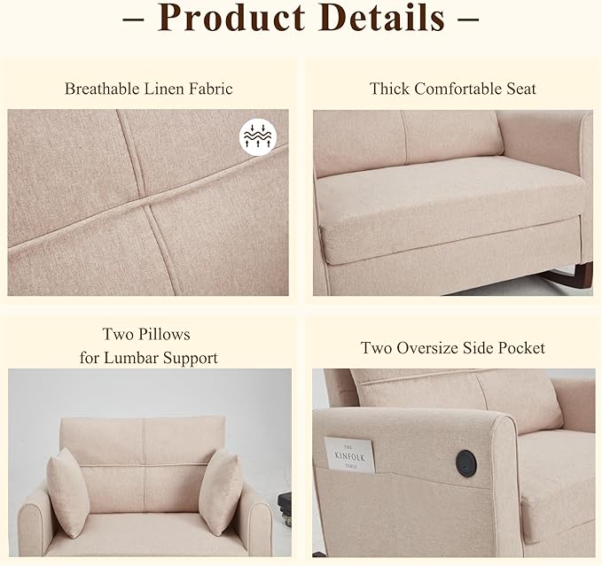 HOMREST Rocking Chair Upholstered Nursery Rocking Chair with High Back and Side Pocket USB Port Double Wide Rocker Glider Chairs with Wood Legs for Living Room Bedroom Nursery Beige