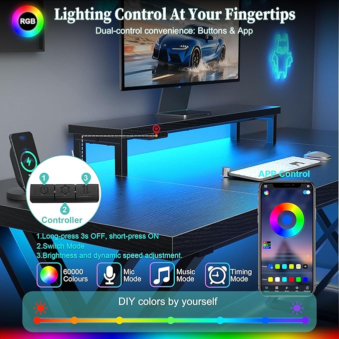 70.8 Inch Large Computer Desk with Power Outlet &amp LED LightsModern Home Office Desk with Ergonomic Monitor StandExtra Long Executive Office Writing Desk for Gaming Work Study Black