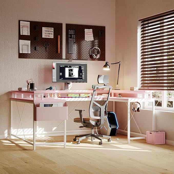 U-Shaped Gaming Desk with Power Outlets &amp LED Lights - Reversible L-Shaped Computer Desk for Home Office | Large Corner PC Table with Monitor Stand &amp Storage Shelves Pink