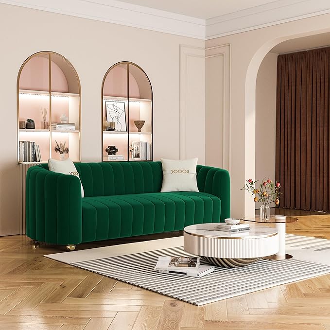 Modern Green Velvet Couch for Living Room 83.46 Curved Sofa with Gold Metal Sphere Legs 3 Seater Cute Couch (Velvet Green)