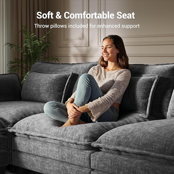 Pipishell Sectional Couches for Living Room 110.6 U-Shaped Modular Sectional Sofa 5-Seat Chenille Deep Seat Cloud Couch with 2 Movable Ottomans &amp Throw Pillows Grey